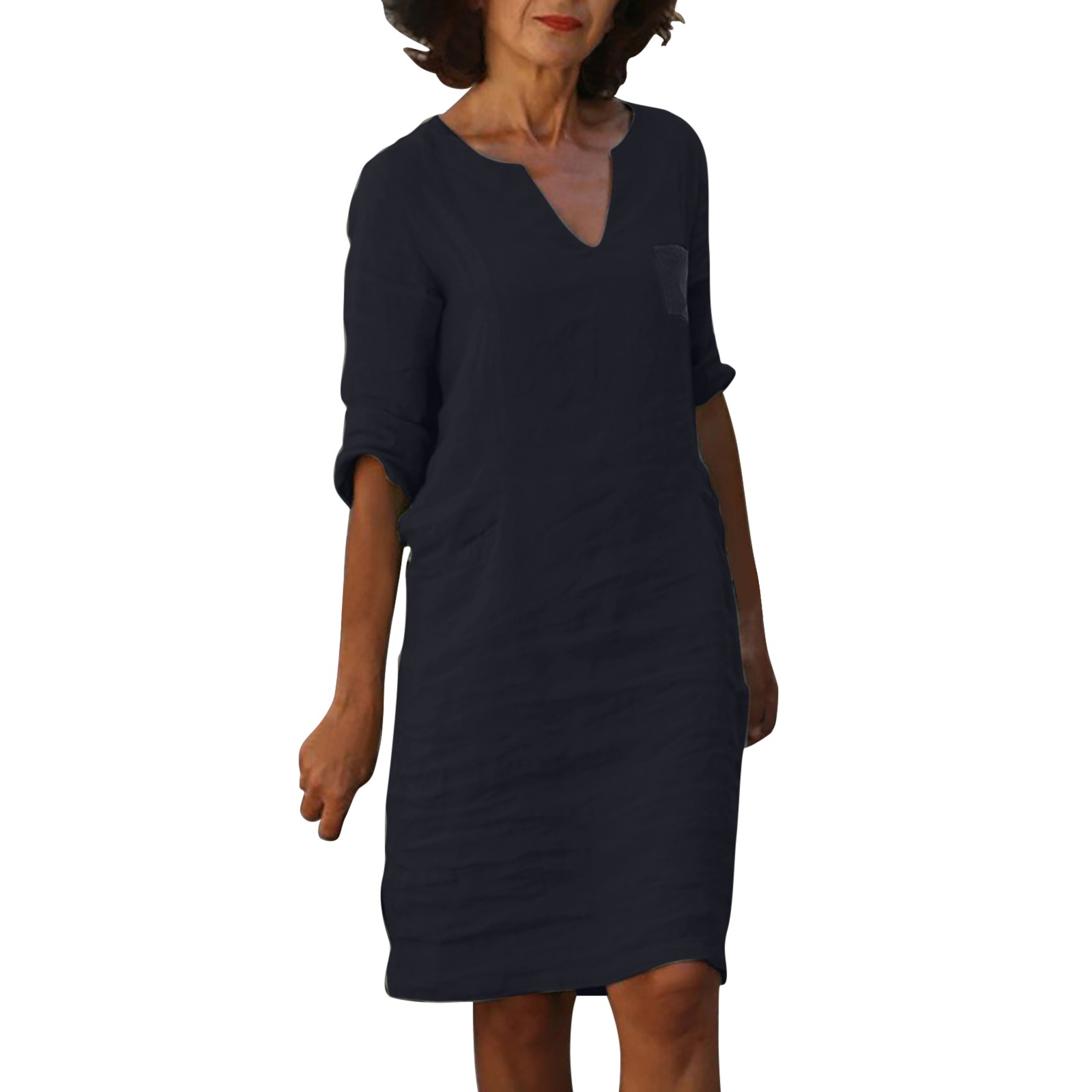 thumbnail image 1 of Mini vestido estampado con cuello en V y manga media para mujer - Algodón/lino, estilo informal/vacacional, primavera/otoño, lavado a mano/a máquina con programa delicado, tallas asiáticas reales, 1 of 4